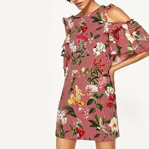 Zara Red Striped Floral Cold Shoulder Dress sz Medium